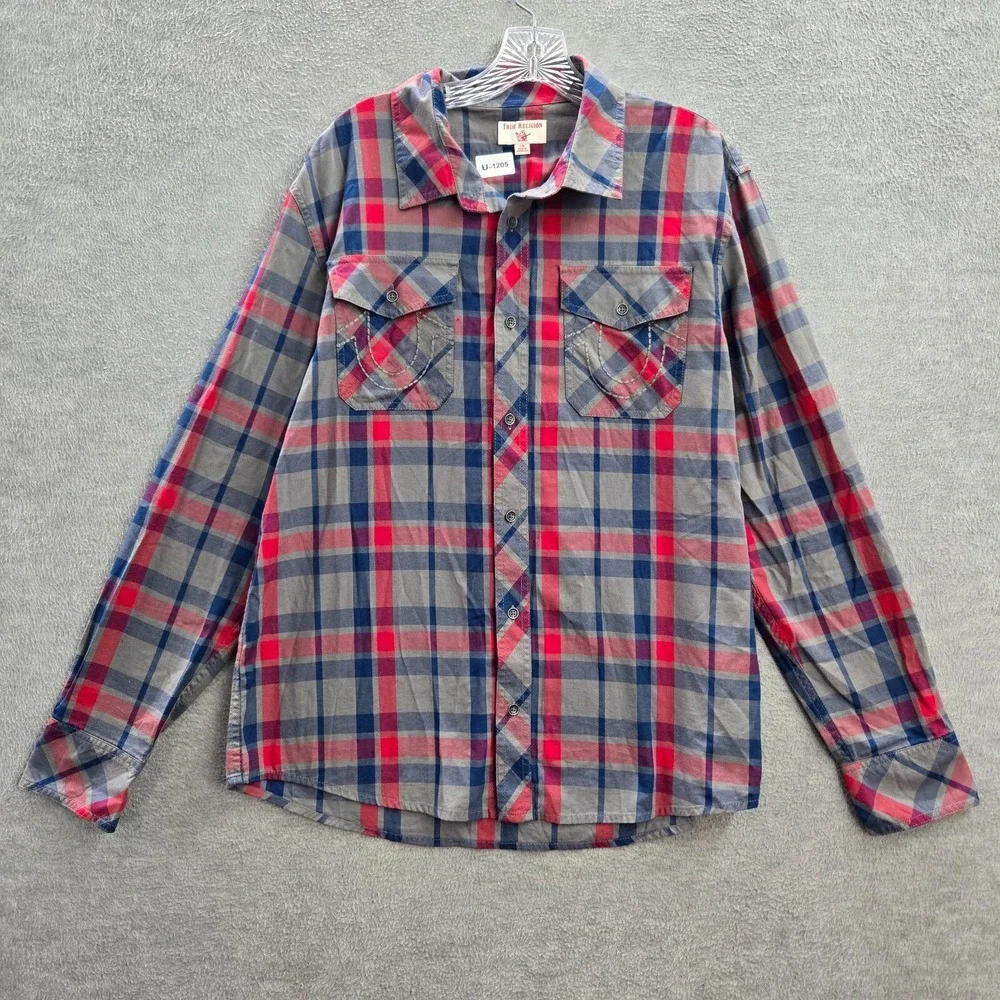 True Religion Men Button Up Shirt Large Red Plaid LS Utility READ